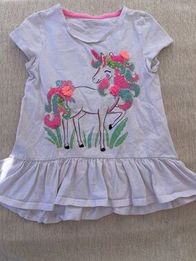 White Unicorn Ruffle Blouse with Pink & Green Mane